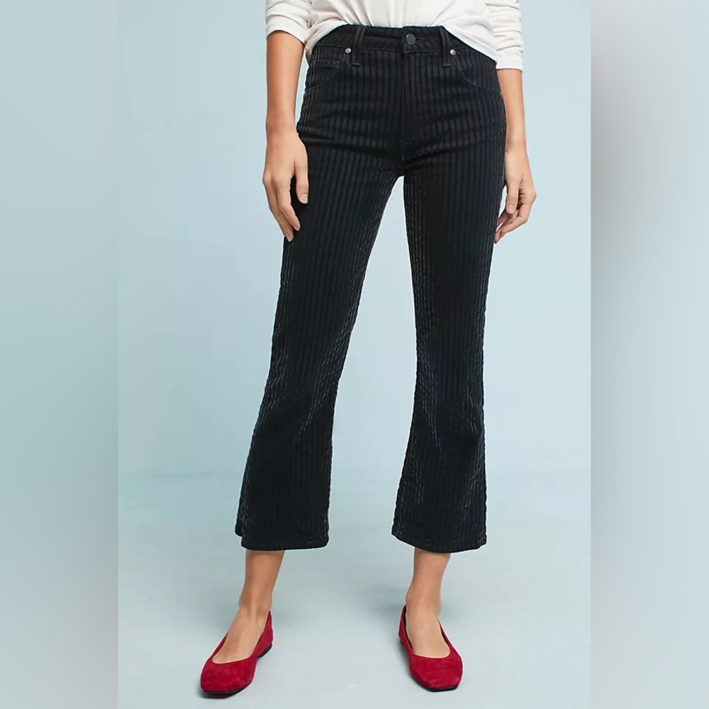 Anthropologie Paige Colette Cropped Flare Low Rise Black Flocked Stripe Size 26